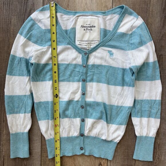 Vintage Abercrombie & Fitch Womens Cardigan Blue Striped Size L Y2K Logo Preppy - Picture 7 of 10